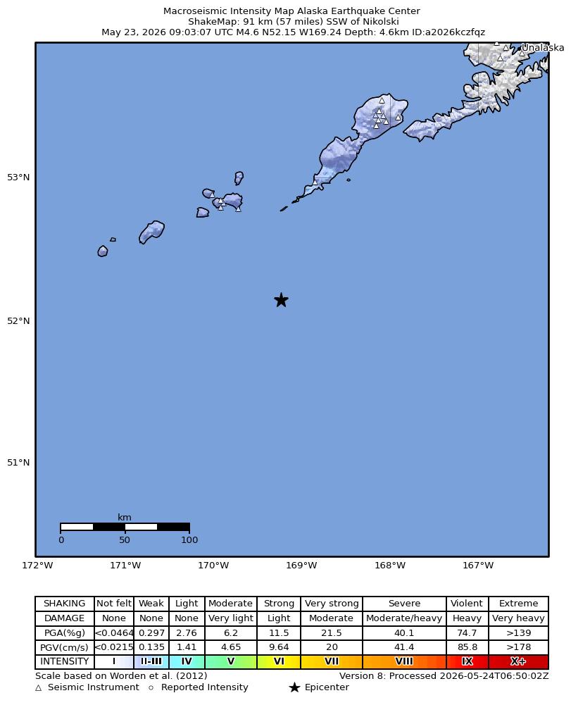USGS ShakeMap intensity contours for the M4.9 earthquake near 92 km SSW of Nikolski, Alaska