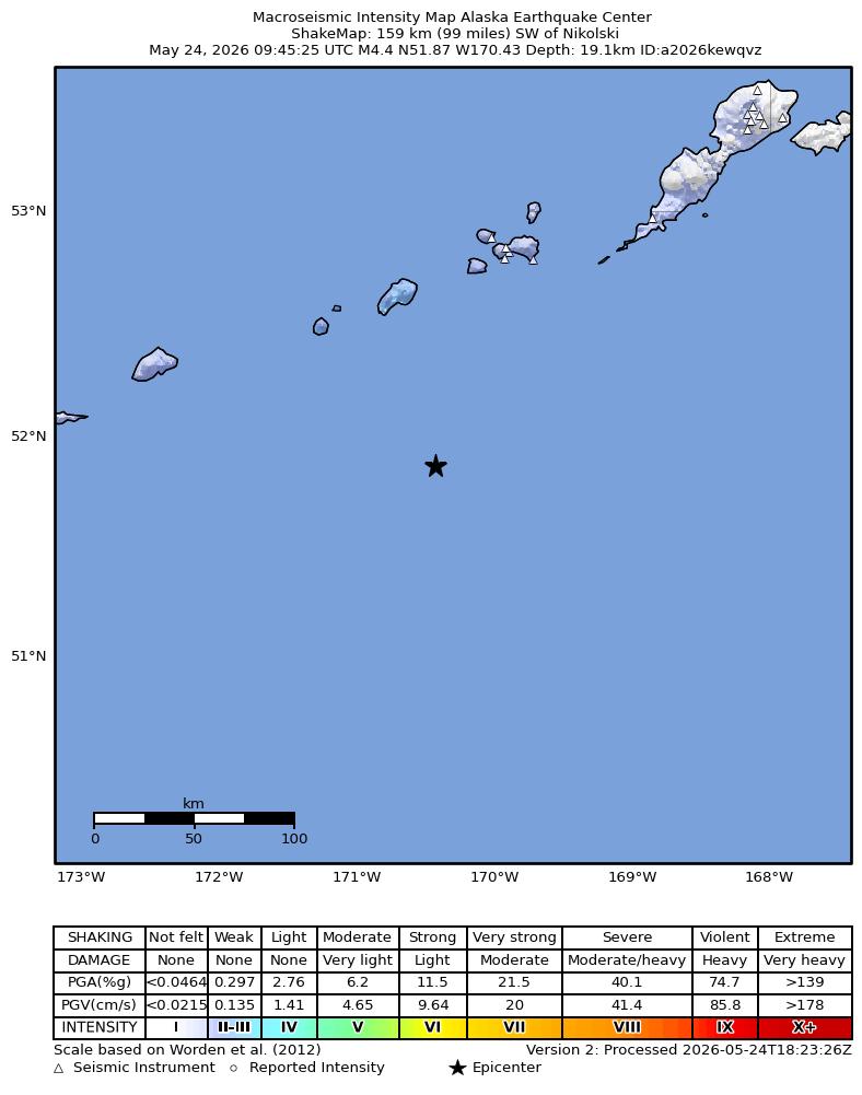 USGS ShakeMap intensity contours for the M4.5 earthquake near 163 km SW of Nikolski, Alaska