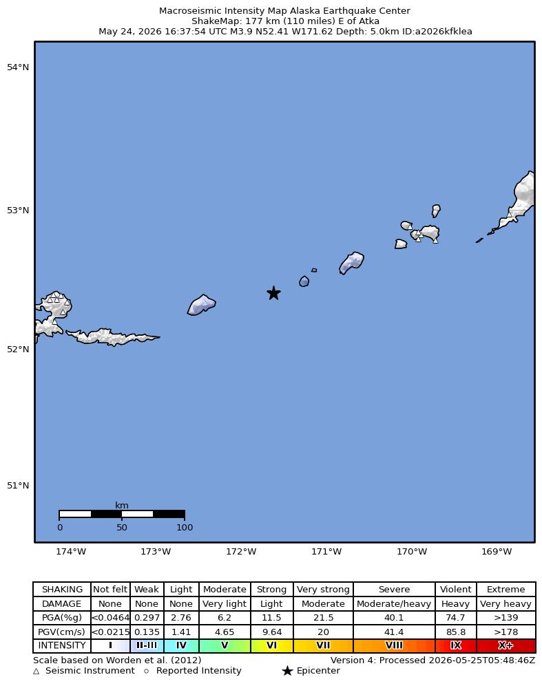 USGS ShakeMap intensity contours for the M3.9 earthquake near 179 km E of Atka, Alaska