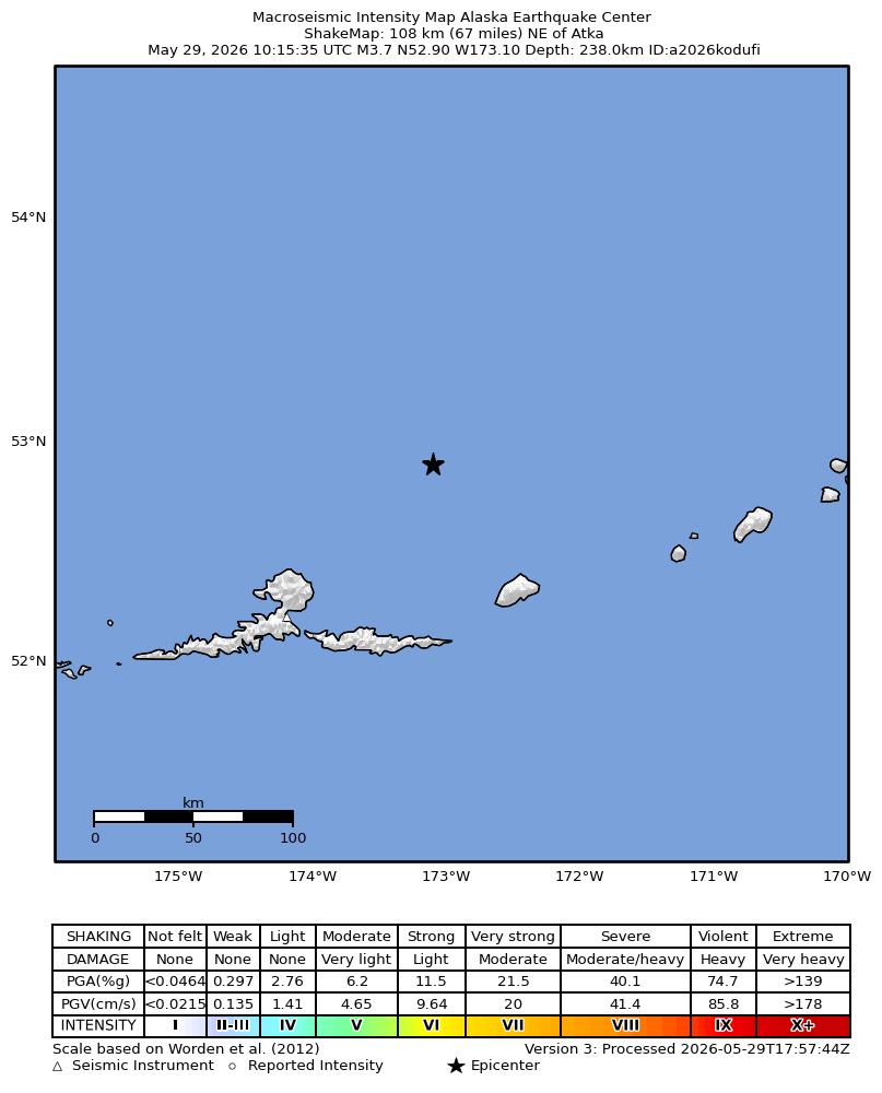 USGS ShakeMap: estimated shaking intensity around the epicenter