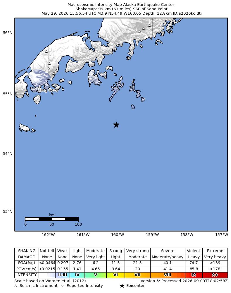 USGS ShakeMap: estimated shaking intensity around the epicenter