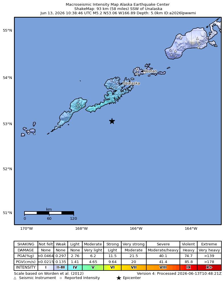 USGS ShakeMap intensity contours for the M5.0 earthquake near 83 km SSW of Unalaska, Alaska
