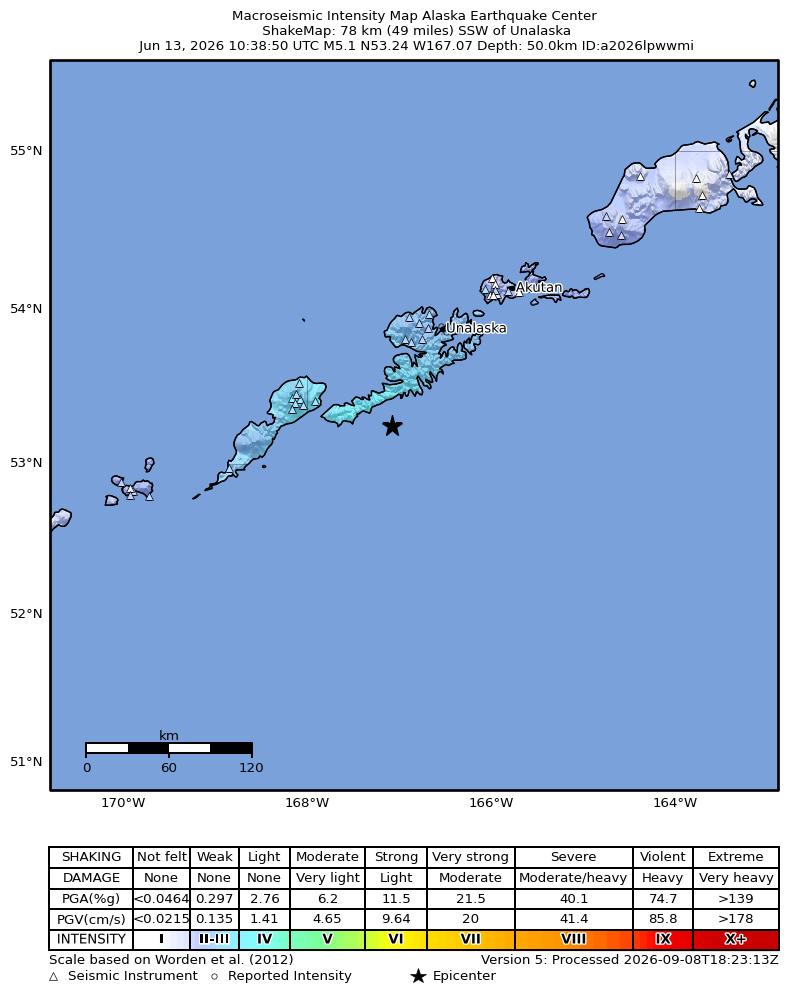 USGS ShakeMap intensity contours for the M5.0 earthquake near 83 km SSW of Unalaska, Alaska