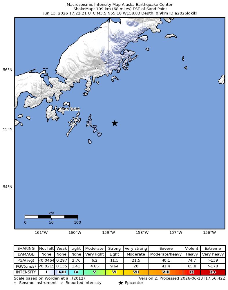 USGS ShakeMap intensity contours for the M3.5 earthquake near 92 km SSE of Perryville, Alaska