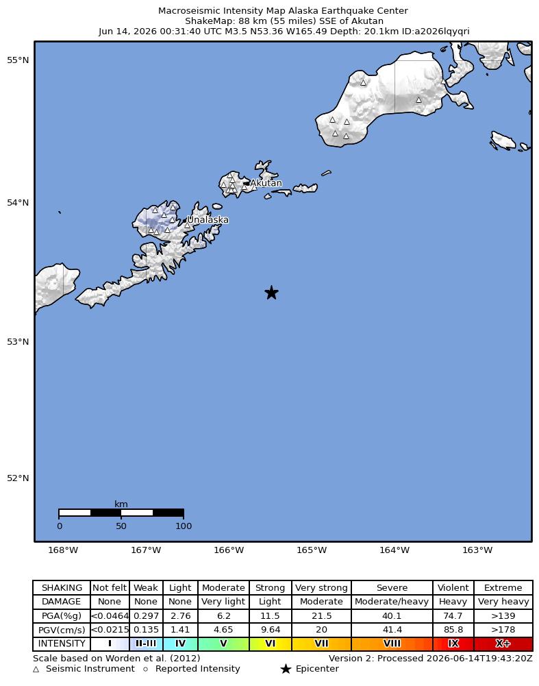 USGS ShakeMap: estimated shaking intensity around the epicenter