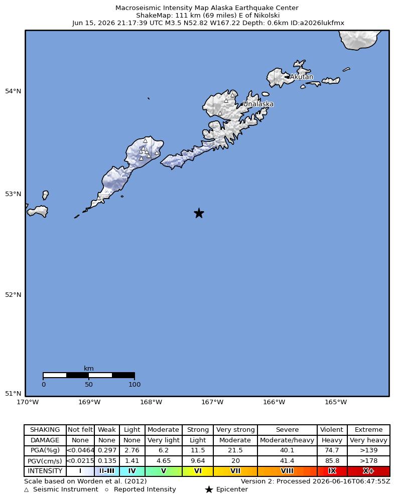 USGS ShakeMap intensity contours for the M3.5 earthquake near 113 km E of Nikolski, Alaska
