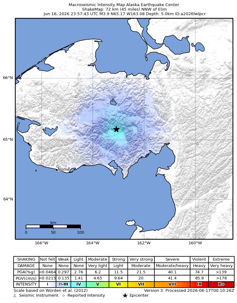 USGS ShakeMap intensity contours for the M3.9 earthquake near 57 km NNE of White Mountain, Alaska