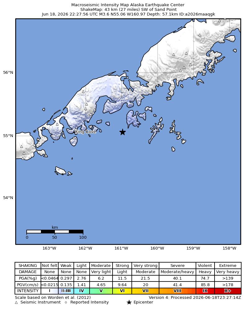 USGS ShakeMap intensity contours for the M3.6 earthquake near 45 km SW of Sand Point, Alaska