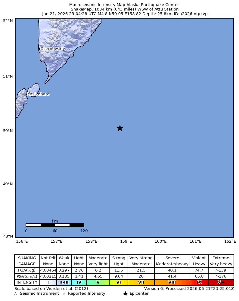 USGS ShakeMap intensity contours for the M4.9 earthquake near 211 km ESE of Severo-Kuril’sk, Russia