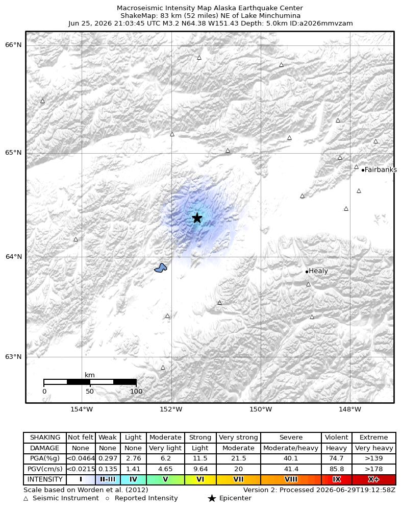USGS ShakeMap intensity contours for the M3.5 earthquake near 72 km NE of Lake Minchumina, Alaska