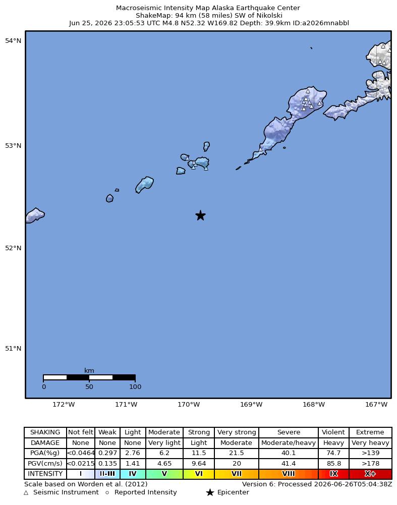 USGS ShakeMap intensity contours for the M4.4 earthquake near 102 km WSW of Nikolski, Alaska