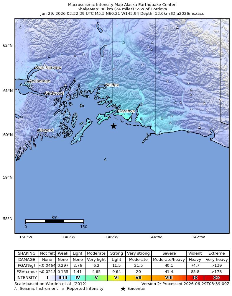 USGS ShakeMap intensity contours for the M5.3 earthquake near 35 km SSW of Cordova, Alaska