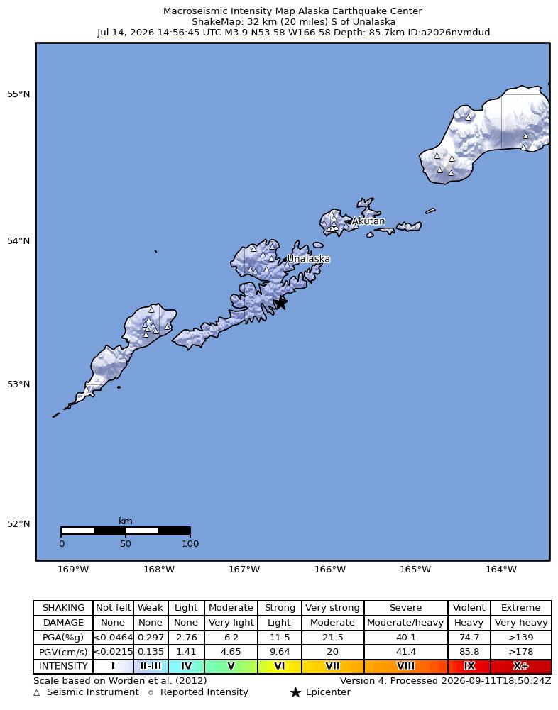 USGS ShakeMap: estimated shaking intensity around the epicenter
