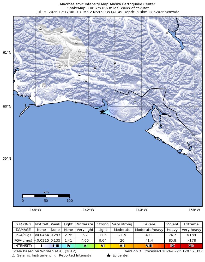 USGS ShakeMap intensity contours for the M3.2 earthquake near 106 km WNW of Yakutat, Alaska
