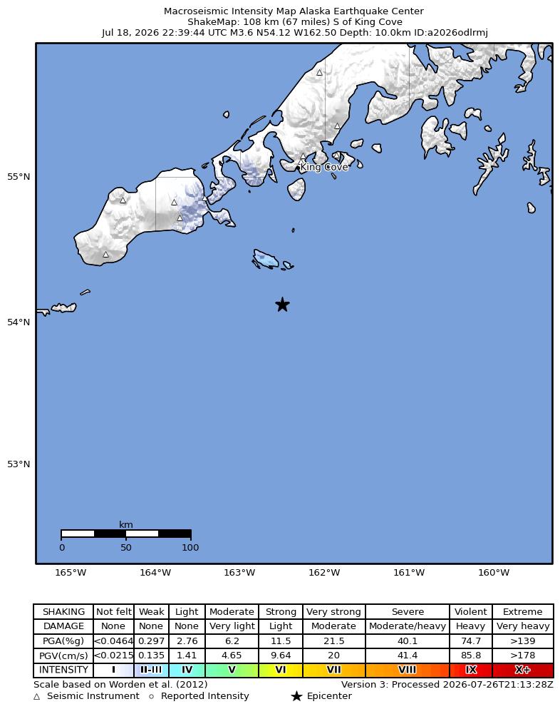 USGS ShakeMap intensity contours for the M3.2 earthquake near 91 km SE of False Pass, Alaska