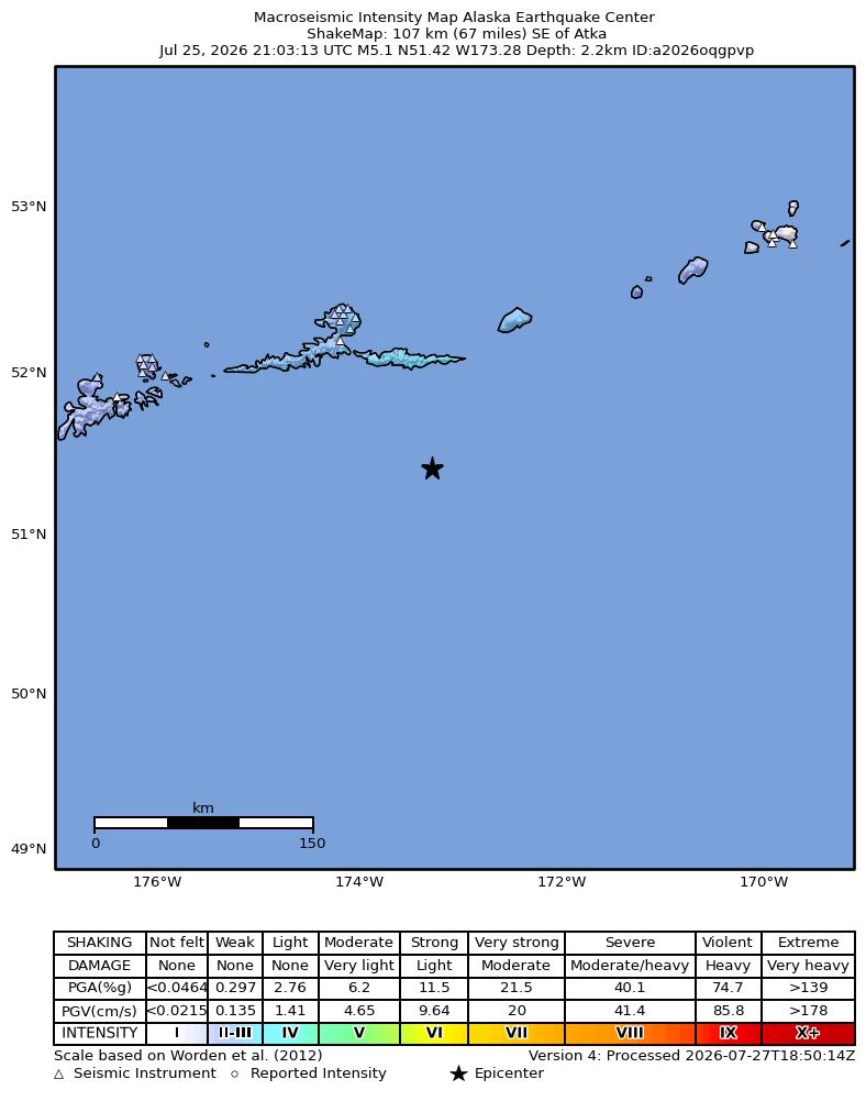 USGS ShakeMap intensity contours for the M4.9 earthquake near 102 km SE of Atka, Alaska