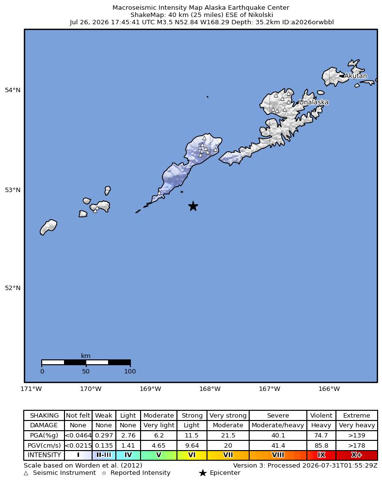 USGS ShakeMap: estimated shaking intensity around the epicenter