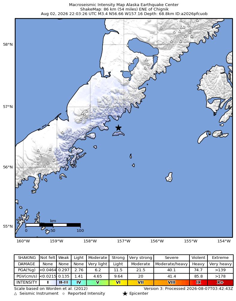 USGS ShakeMap: estimated shaking intensity around the epicenter