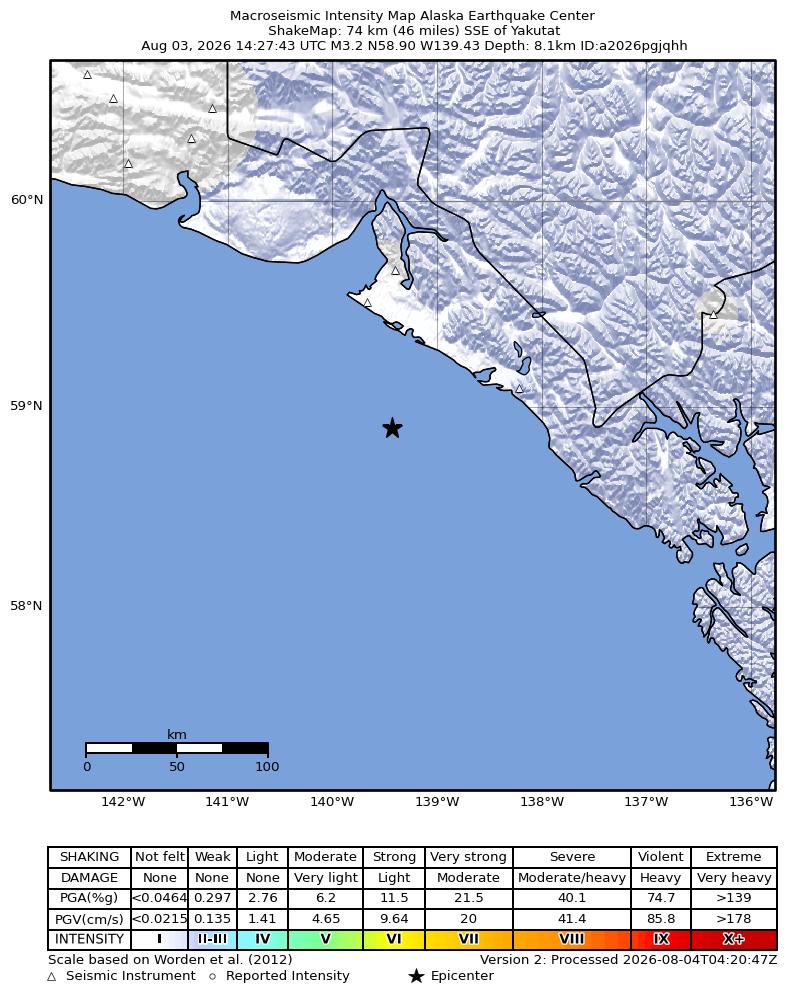 USGS ShakeMap intensity contours for the M3.2 earthquake near 74 km SSE of Yakutat, Alaska