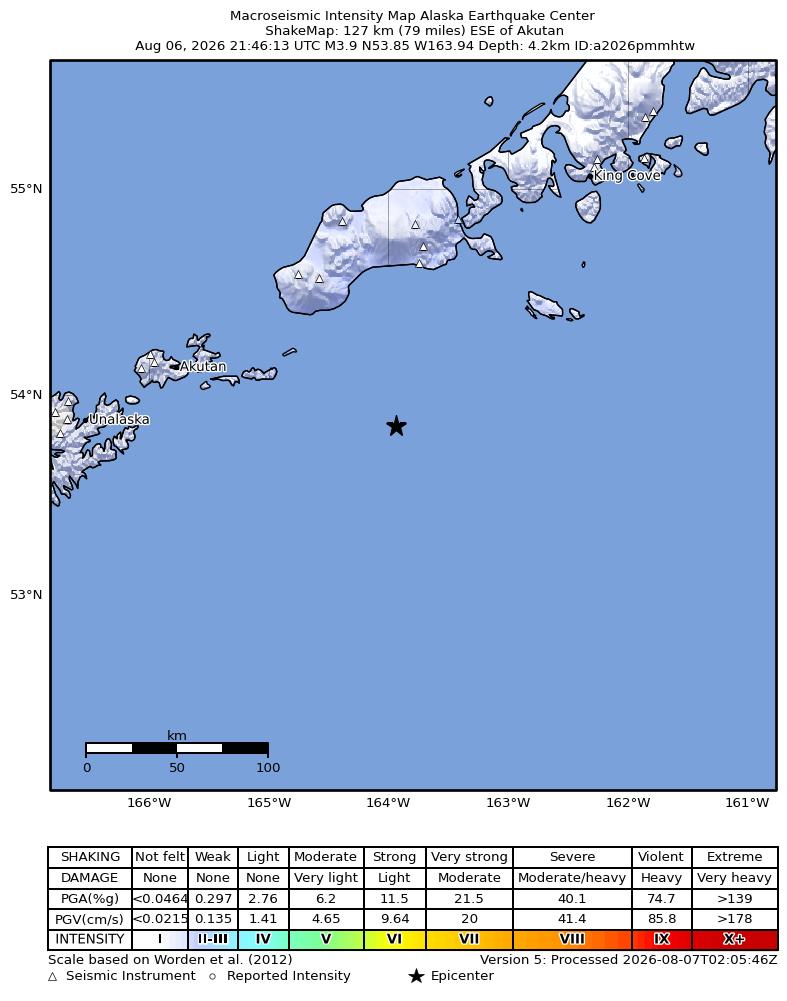 USGS ShakeMap intensity contours for the M3.5 earthquake near 107 km SSW of False Pass, Alaska