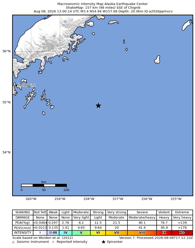 USGS ShakeMap intensity contours for the M3.4 earthquake near 142 km SE of Perryville, Alaska