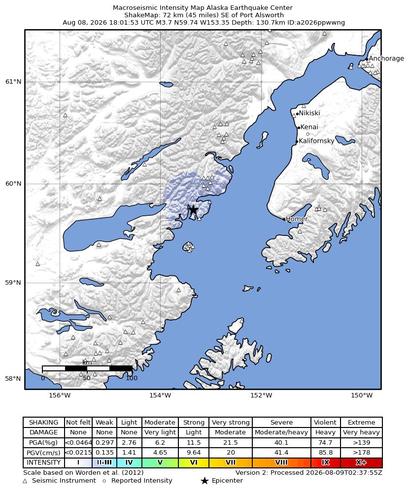 USGS ShakeMap intensity contours for the M3.7 earthquake near 42 km E of Pedro Bay, Alaska