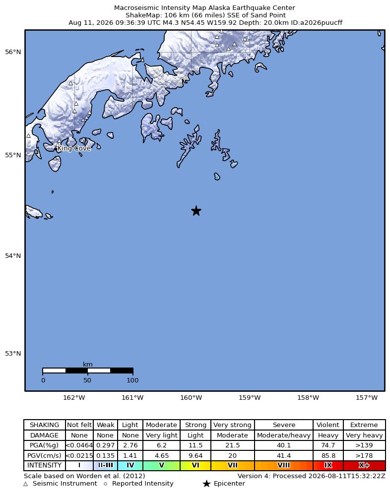 USGS ShakeMap intensity contours for the M4.4 earthquake near 94 km SSE of Sand Point, Alaska