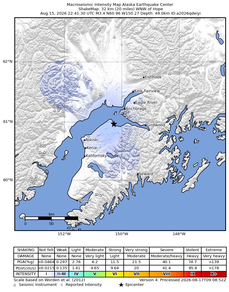 USGS ShakeMap intensity contours for the M3.4 earthquake near 23 km E of Point Possession, Alaska