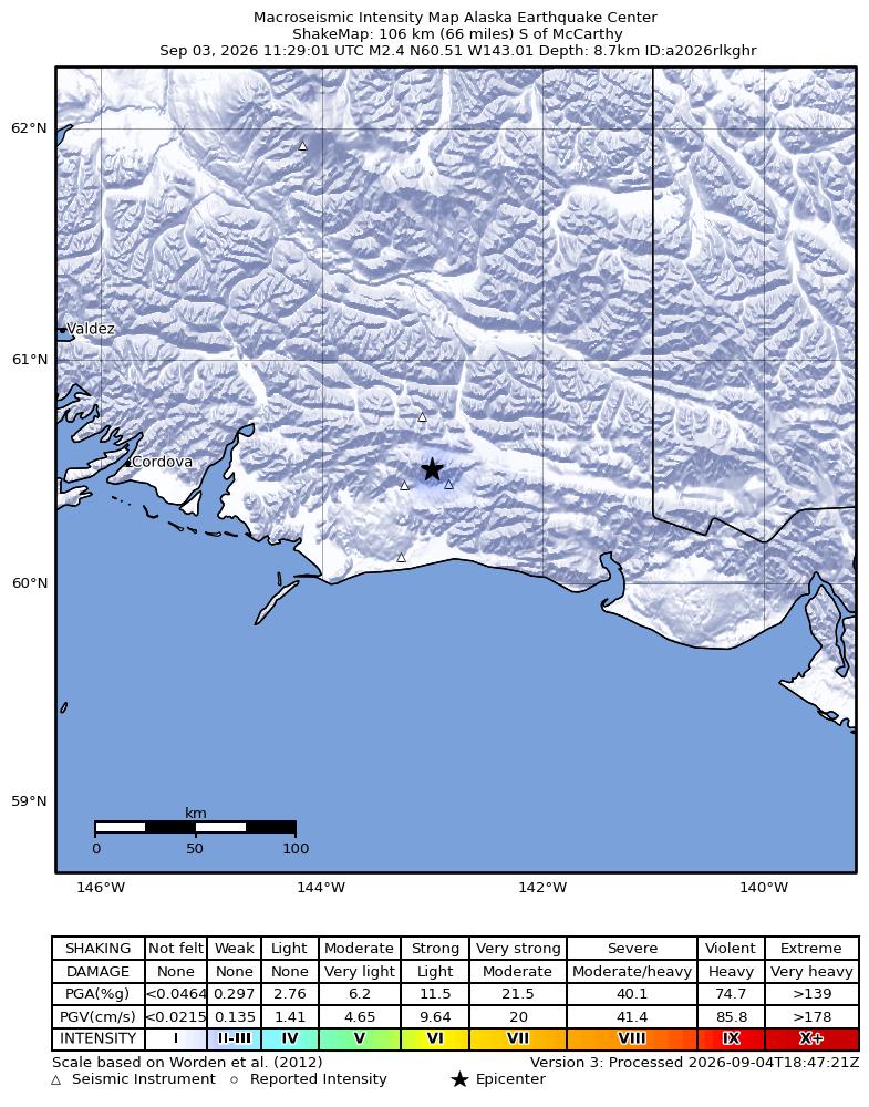USGS ShakeMap: estimated shaking intensity around the epicenter