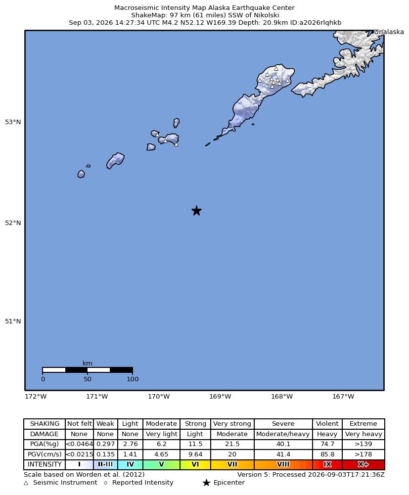 USGS ShakeMap intensity contours for the M4.1 earthquake near 84 km SSW of Nikolski, Alaska