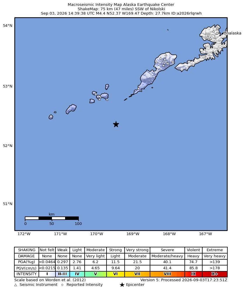 USGS ShakeMap intensity contours for the M4.2 earthquake near 87 km SSW of Nikolski, Alaska