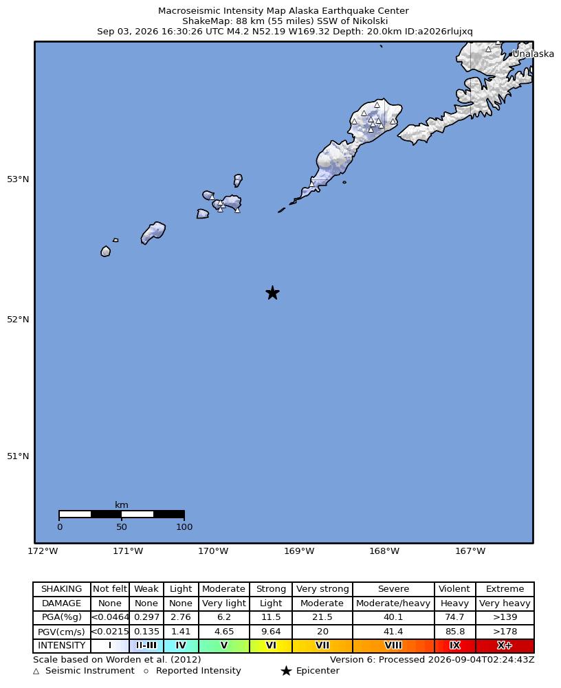 USGS ShakeMap intensity contours for the M4.2 earthquake near 87 km SSW of Nikolski, Alaska
