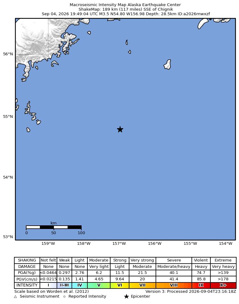 USGS ShakeMap intensity contours for the M3.5 earthquake near 184 km SE of Perryville, Alaska