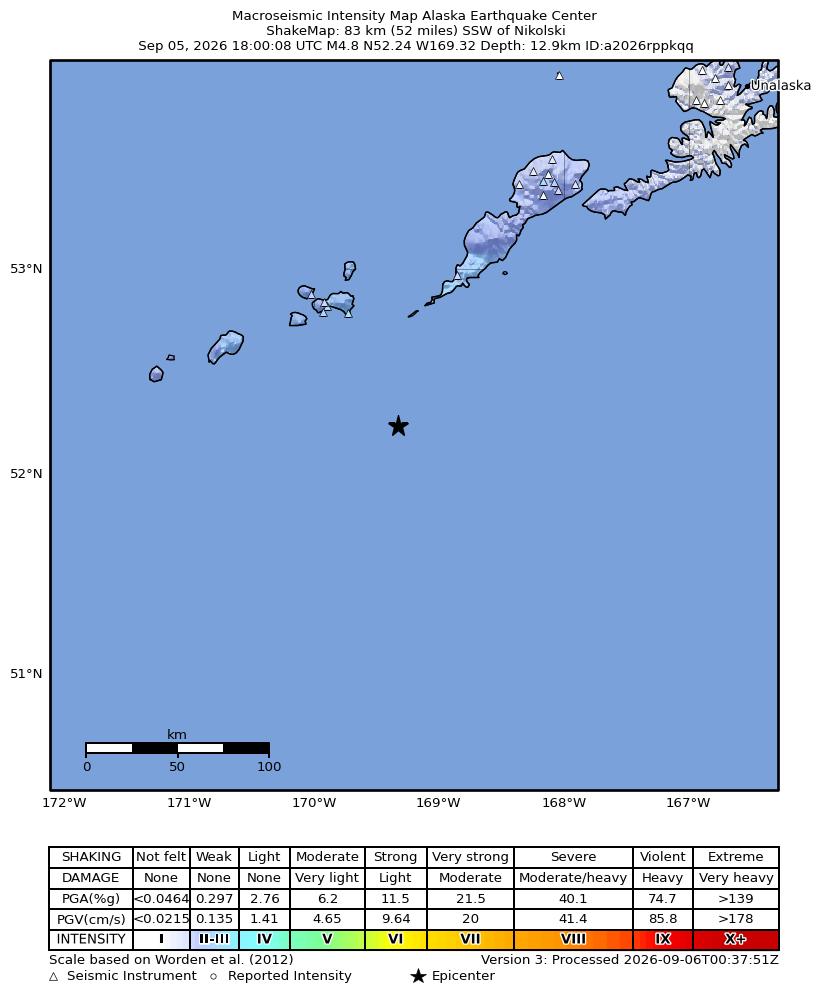 USGS ShakeMap intensity contours for the M4.9 earthquake near 85 km SSW of Nikolski, Alaska