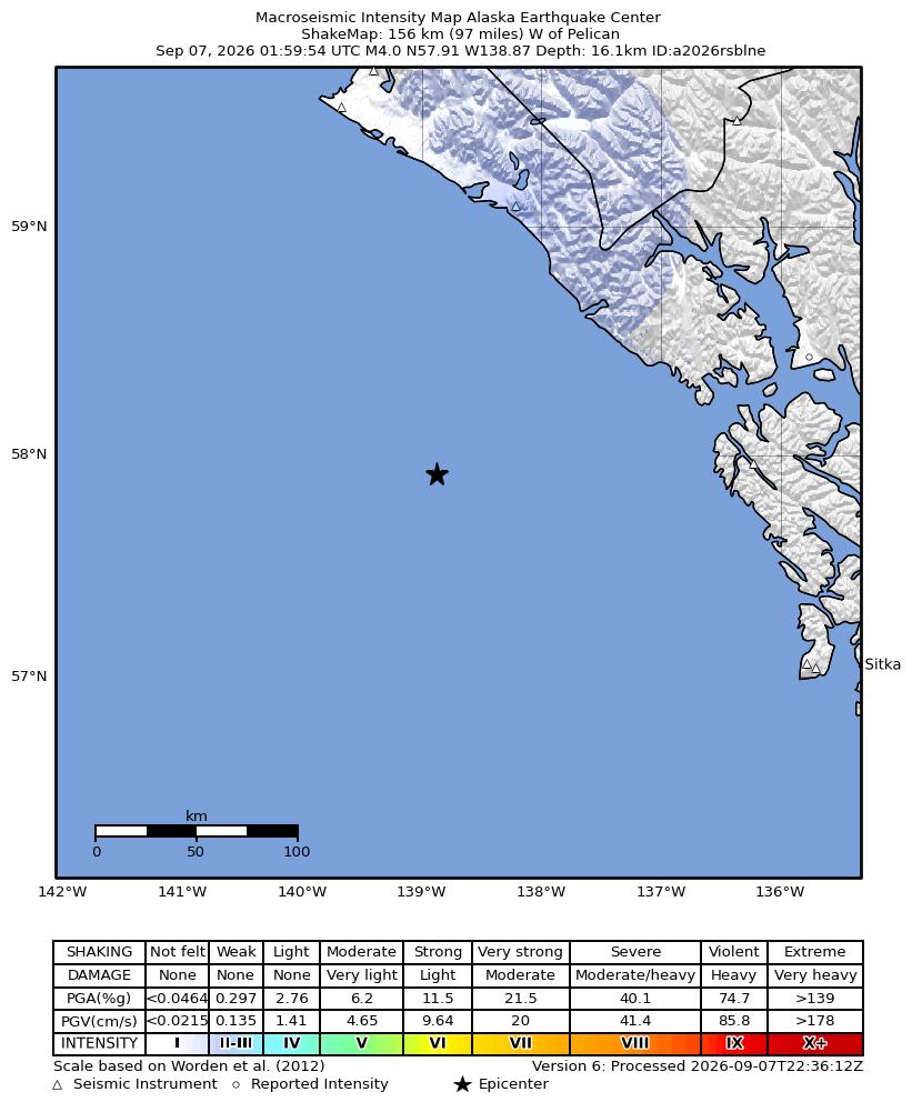 USGS ShakeMap intensity contours for the M4.0 earthquake near 152 km WSW of Elfin Cove, Alaska