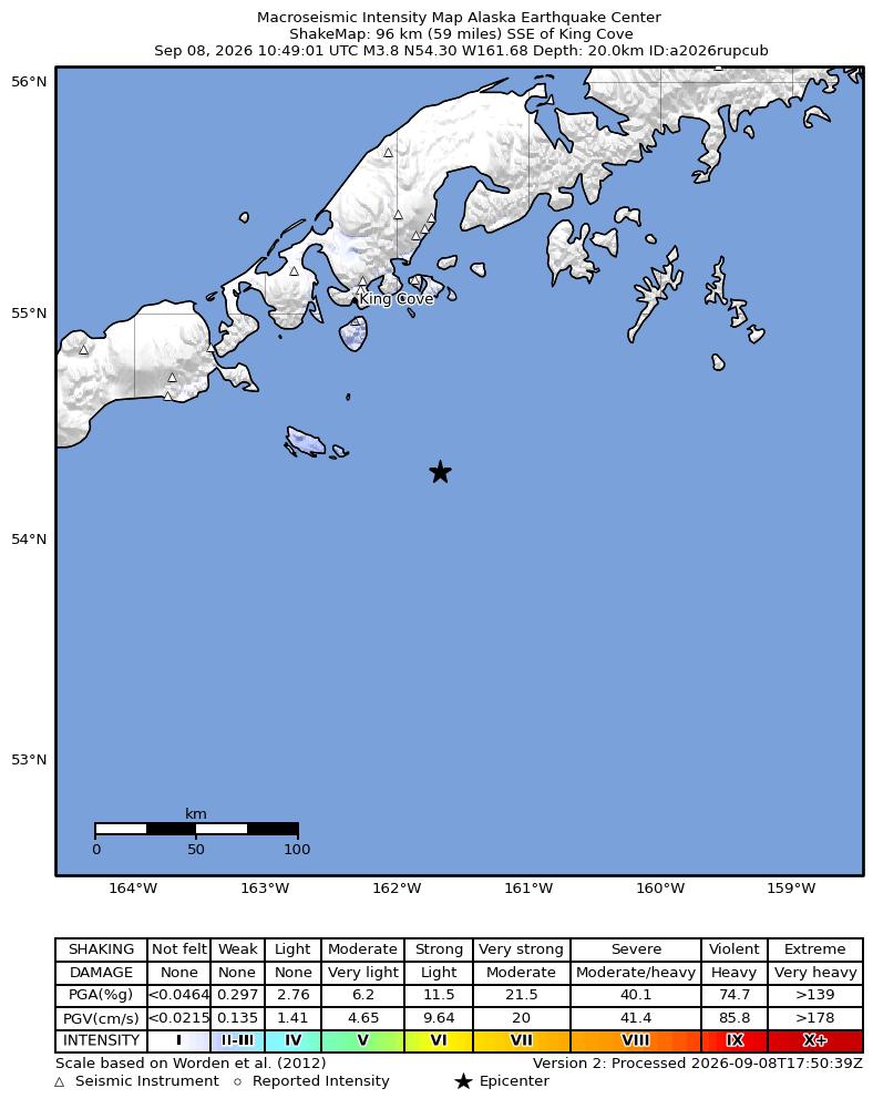 USGS ShakeMap intensity contours for the M4.1 earthquake near 89 km SSE of King Cove, Alaska