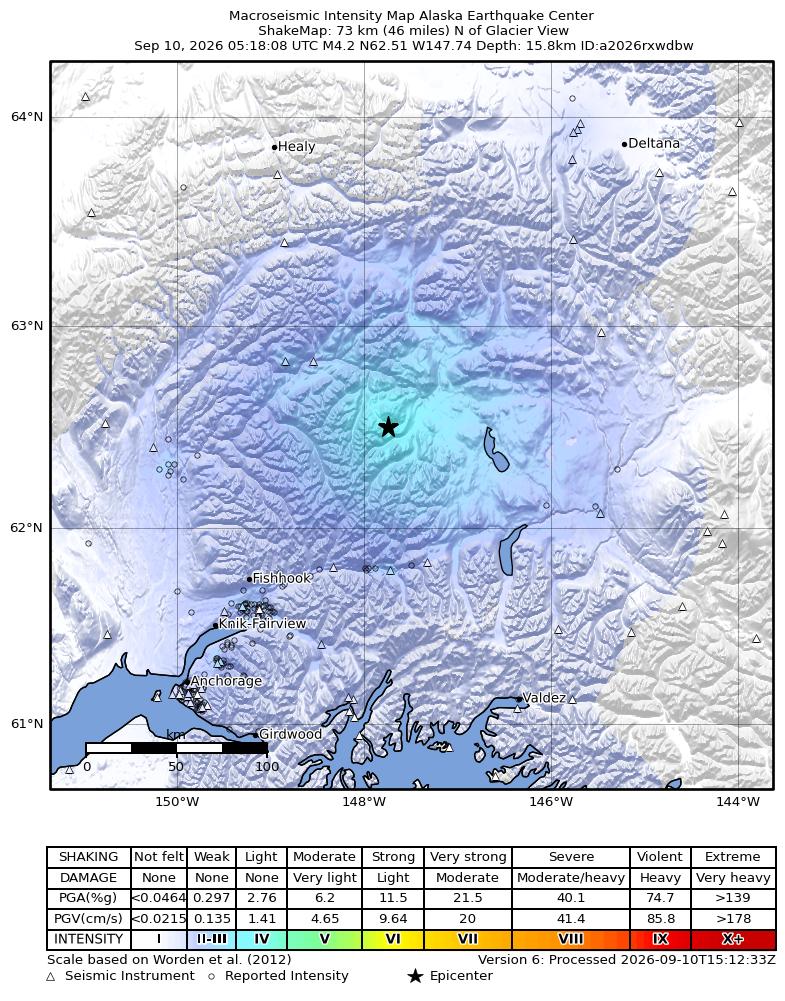USGS ShakeMap intensity contours for the M4.2 earthquake near 66 km WNW of Lake Louise, Alaska