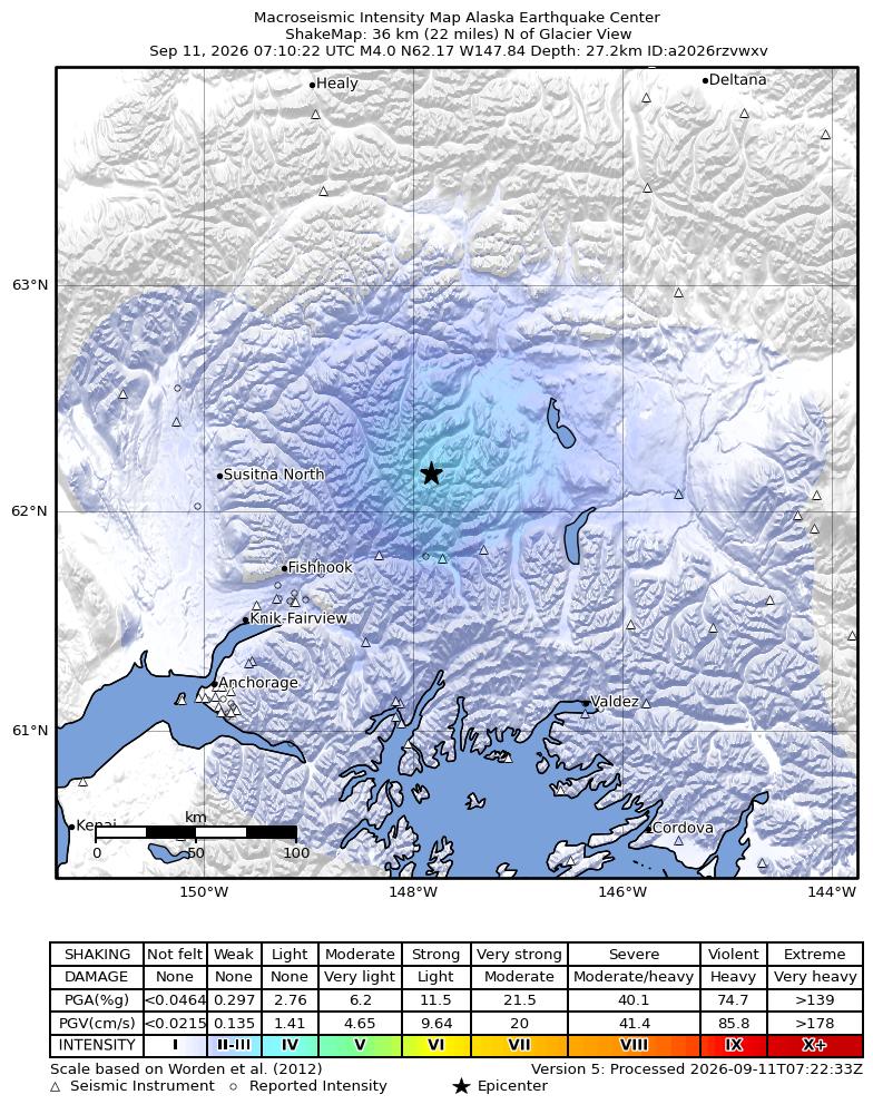 USGS ShakeMap intensity contours for the M4.0 earthquake near 41 km NNW of Glacier View, Alaska