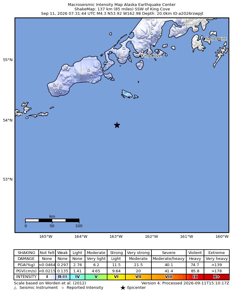 USGS ShakeMap: estimated shaking intensity around the epicenter