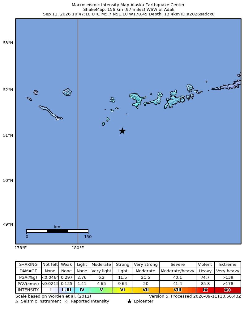 USGS ShakeMap: estimated shaking intensity around the epicenter