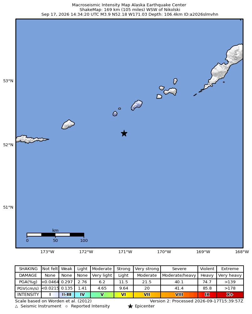 USGS ShakeMap: estimated shaking intensity around the epicenter