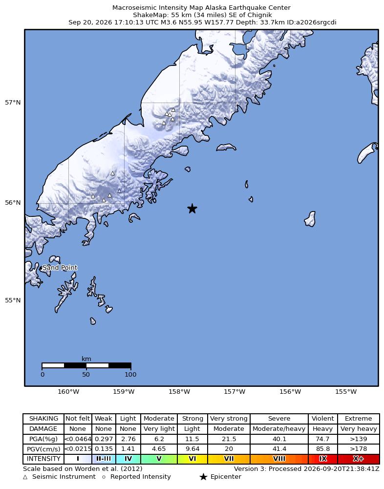 USGS ShakeMap: estimated shaking intensity around the epicenter
