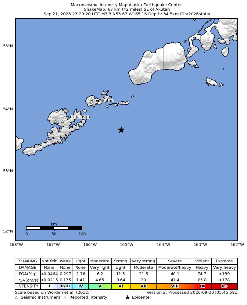 USGS ShakeMap intensity contours for the M3.3 earthquake near 40 km SE of Akutan, Alaska