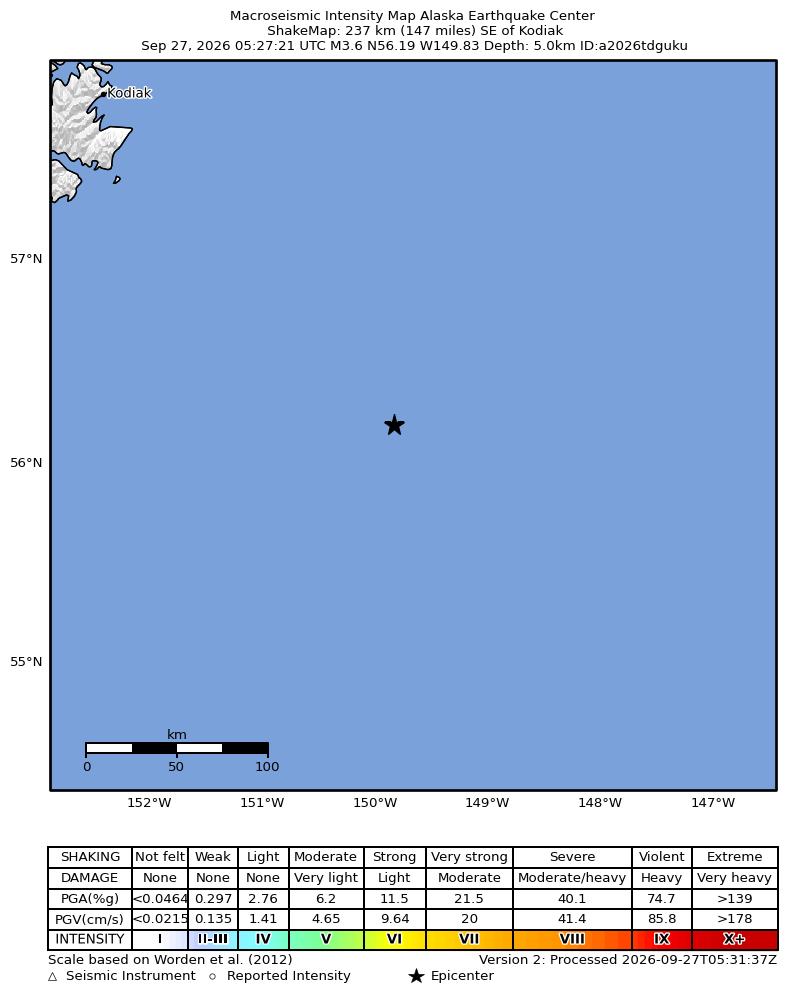 USGS ShakeMap: estimated shaking intensity around the epicenter