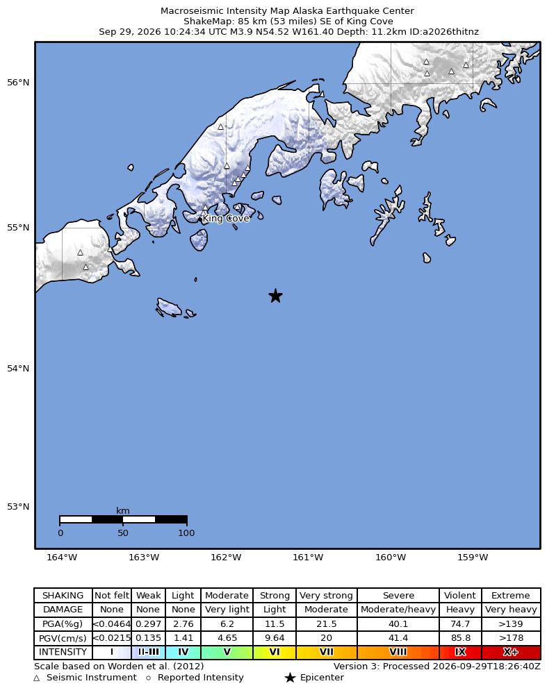 USGS ShakeMap: estimated shaking intensity around the epicenter
