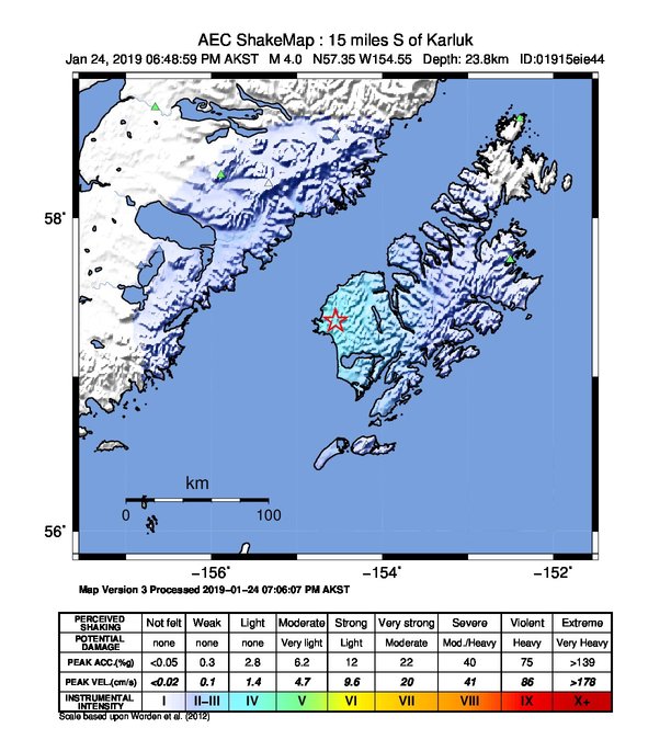 USGS ShakeMap: estimated shaking intensity around the epicenter