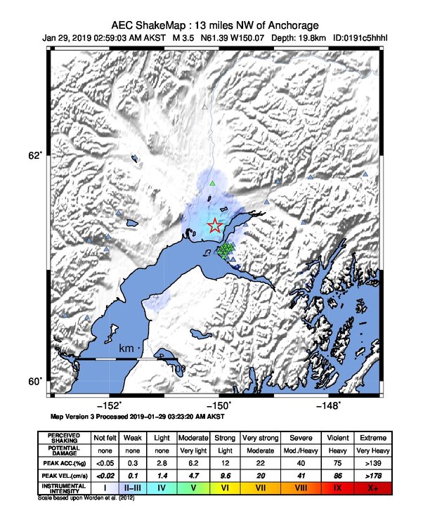 USGS ShakeMap: estimated shaking intensity around the epicenter