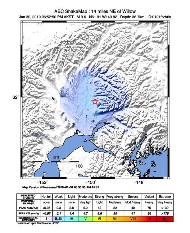 USGS ShakeMap: estimated shaking intensity around the epicenter