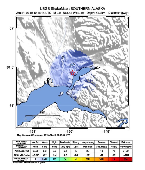USGS ShakeMap: estimated shaking intensity around the epicenter