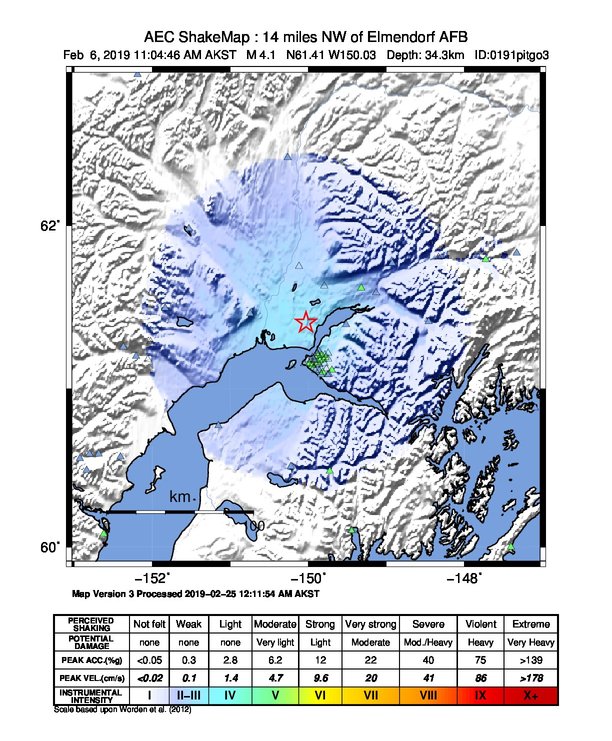 USGS ShakeMap: estimated shaking intensity around the epicenter